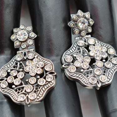 60's Victorian Revival floral sterling rhinestone dangles, hinged 925 silver bling flower earrings 