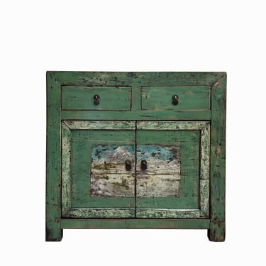 Chinese Distressed Apple Green Graphic Sideboard Console Cabinet cs7692E 