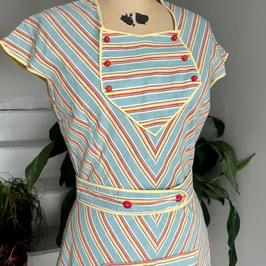 Early 1940s Muted Color Chevron Paytern Cotton Day Dress 36 Bust Vintage 