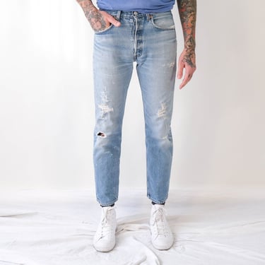Vintage 80s LEVIS 501 Whiskered Medium Light Destroyed Button Fly Jeans | Made in USA | Size 30x31 | 1980s 1990s LEVIS Unisex Denim Pants 