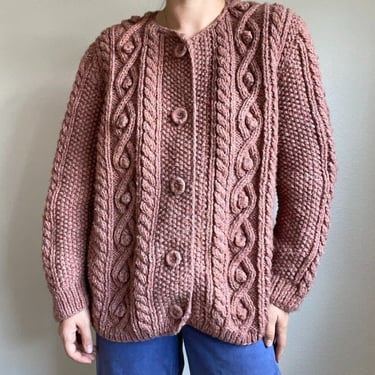 Vintage 90s Hand Knit Fisherman Pink Wool Blend Irish Chunky Cardigan Sz XL 