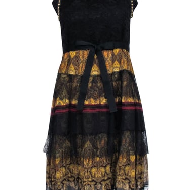 Etro - Black Lace w/ Mustard Paisley Print Sleeveless Dress &amp; Studded Collar Sz 6