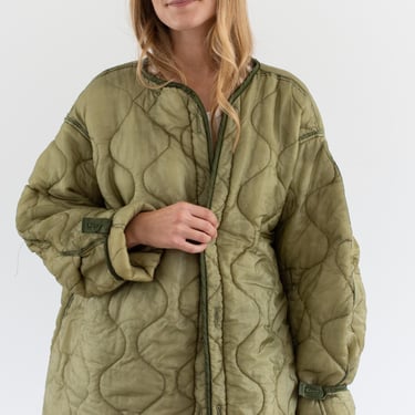 Vintage Green Long Liner Jacket | Unisex Wavy Quilted Nylon Coat | L | LI275 