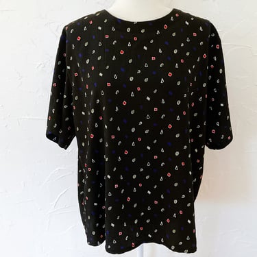 80s/90s Black Multicolored Abstract Shapes Short Sleeve Blouse | Extra Large 