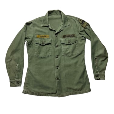Vintage 1970s OG-107 US Army Utility Shirt ~ fits M ~ Military Uniform ~ Patches / Named ~ Old Ironsides ~ Vietnam War ~ Fraser 