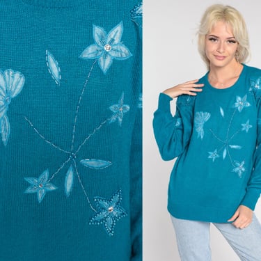 Floral Beaded Sweater Teal Blue 80s Pullover Sweater 1980s Acrylic Blue Knit Retro Vintage Small S 