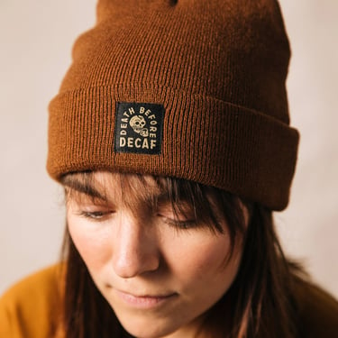 Death Before Decaf Coffee Knit Brown Beanie Hat, Mens Hat, Womens Hats, Coffee Gift, Barista, Foodie Gift, Workwear, Gift for Coworker 