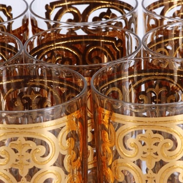 Mid century glassware by Georges Briard. 4 Spanish Gold highball glasses, Glam gold barware glasses Christmas & New Years cocktail party 