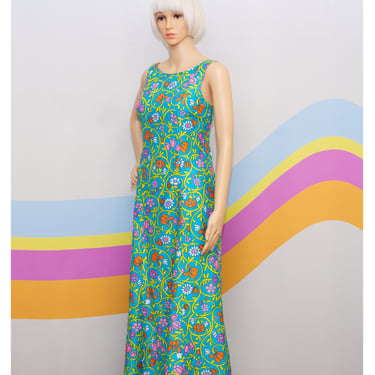 Vintage 1960s Turquoise Floral Maxi Dress | Small | 1 