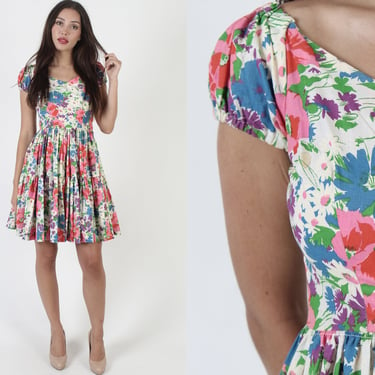 Bright Color Casual Sun Dress, 60s Bouquet Floral Print Mini Sundress, Puff Sleeve Full Skirt Summer Frock 