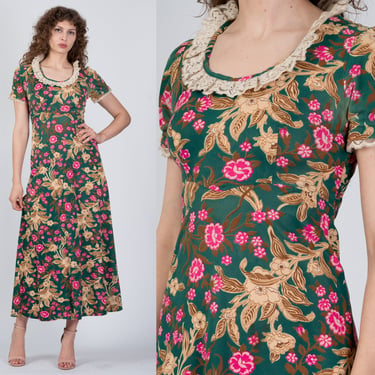 70s Allegro New York Floral Prairie Puff Sleeve Maxi Dress - Small | Vintage Emerald Green Off-White Lace Trim Empire Waist Hippie Gown 