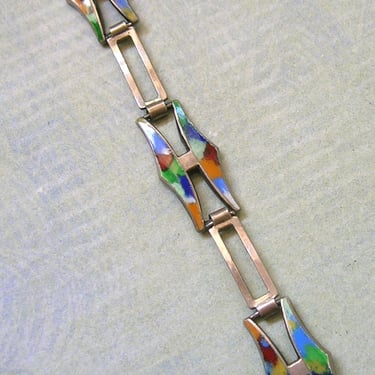 Vintage 1920's Art Deco Sterling Enamel Bracelet, Sterling Guilloche Multi-Color Enamel Bracelet, Vintage Enamel Rainbow Bracelet (#4435) 