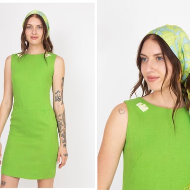 Vintage 1960s 60s Lime Green Cotton Mod Mini Dress w/ Lime Polka Dot Insert Detail 