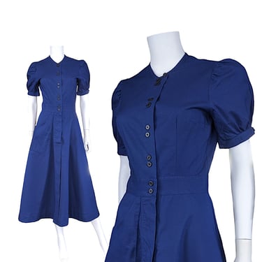 Vintage 50s Linen Nurse Uniform Dress, Small, Navy Blue Swing Dress with Puffy Short Sleeves 