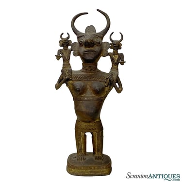 Antique African Tribal Congo Fertility Horned Bronze Sculpture