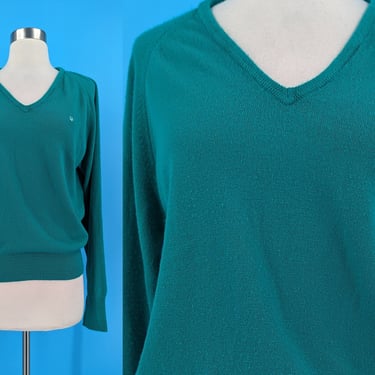 Vintage Seventies Christian Dior Green V-neck Pullover Sweater - 70s Dior Medium Sweater 