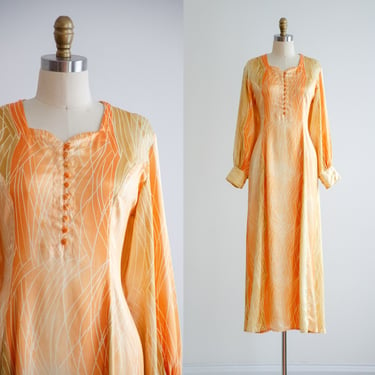 orange maxi dress 70s vintage silky bishop sleeve floor length boho dress 