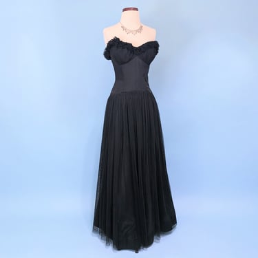 Vintage 1930s Black Tulle and Taffeta Evening Gown, Vintage 30s Sleeveless Floor Length Hollywood Glamour Ball Gown 