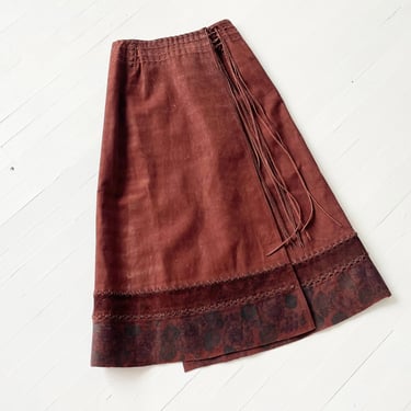 1970s Painted Brown Suede Wrap Maxi Skirt 