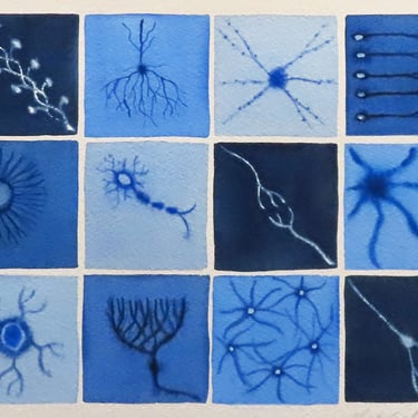Blue Brain Cells  - original watercolor painting of neurons - neuroscience art 