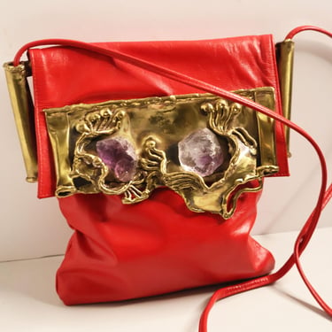 Vintage Carvalho's of Rio 1970s Brutalist Red Leather Bag with Giant Amethyst Crystals + Bronze Flap Copa Collection Brazilian Designer 70s 