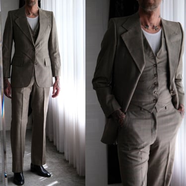 Vintage 70s Pierre Cardin Light Gray Shadow Plaid Wool Gabardine Three Piece Flare Leg Suit | Made in USA | 1970s Designer Tailored Suit 