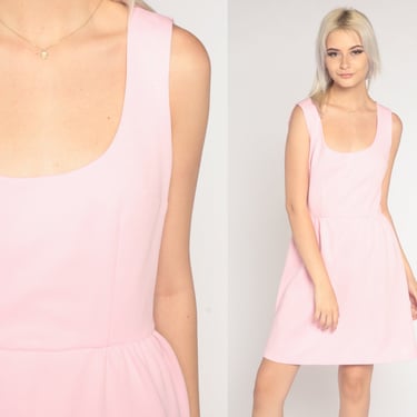 Bubblegum Pink Dress 60s Mini Day Dress Mod Retro Party Girly High Waist Summer Sleeveless A Line Boho Sixties Vintage 1960s Small S 