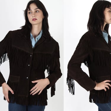 Dark Suede Fringe Jacket Size Small / Womens Western Cowboy Jacket / Vintage 70s Motorcycle Hippie Biker Festival Button Up Coat 