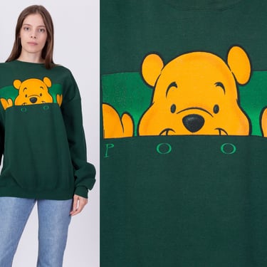 90s Winnie The Pooh Sweatshirt - Men's XL | Vintage Forest Green Disney Cartoon Slouchy Crewneck Pullover 