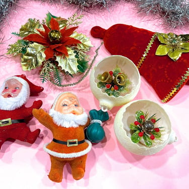 VINTAGE: 6pcs - Old Flocked Ornaments - Mercury Bulb Corsage, Santa, Bell, Plastic Diorama Ornaments - Holiday Crafts Floral Arrangements 