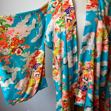 Vintage 60’s-70’s Kimono Robe Japanese colorful & bright turquoise blue rayon floral with cranes birds ~ size Medium 