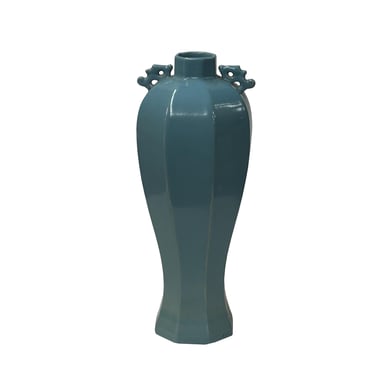 Oriental Octagonal Solid Mid Blue Glaze Ceramic Art Vase Jar ws4657E 