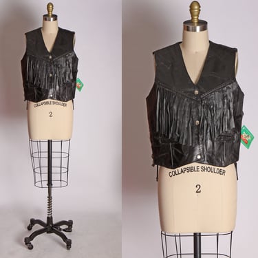 Deadstock 1980s Patchwork Black Leather Fringe Motorcycle Vest by Genuine Leather 