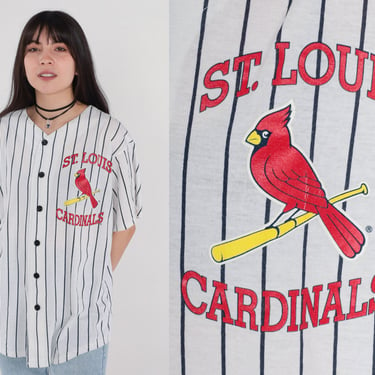 St Louis Cardinals Jersey Shirt Shirt 90s MLB Baseball Shirt Button Up Down 1990s Vintage Short Sleeve Sportswear White Striped Large xl 