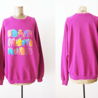 Vintage Laurel Burch Cats Sweatshirt L - 1980s Magenta Pink Raglan Colorful Kitty Cat Pullover Sweatshirt 
