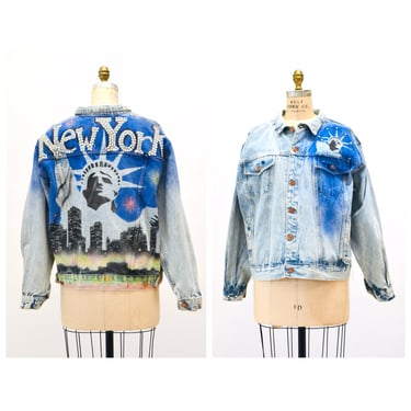 80s 90s Vintage Denim Jacket New York City Painted Rhinestones Airbrushed JEAN Jacket Medium Large Tony Alamo Inspired Stone Acid Wash Denim 