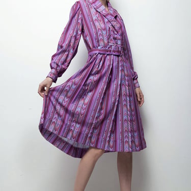 purple aztec print 70s shirtwaist dress striped pleated long sleeve LARGE L 