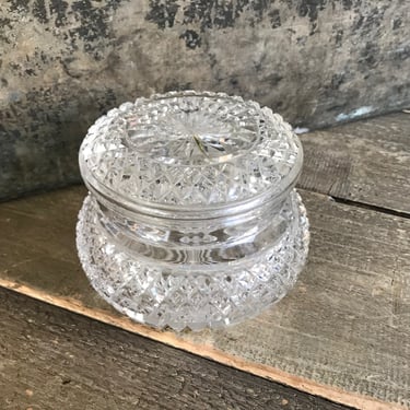 Antique Cut Glass Powder Jar, Pot, Lidded, American Brilliant, Diamond Strawberry Pattern, Boudoir Dresser Display, KH 