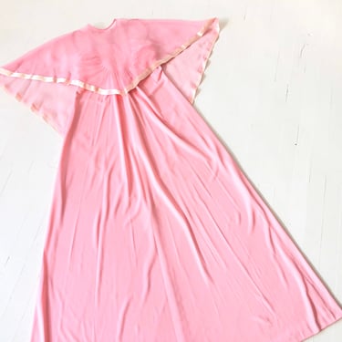 1970s Bubblegum Pink Floaty Maxi Dress + Capelet 