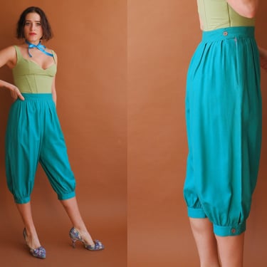 Vintage 80s Raw Silk Teal Balloon Pants/ 1980s High Waisted Bloomer Shorts/ Size Small 26 