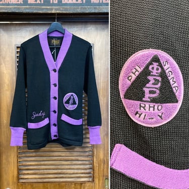 Vintage 1950’s Black x Purple Sorority Varsity College Cardigan Two-Tone Sweater, 50’s Phi Sigma Rho, Vintage Clothing 