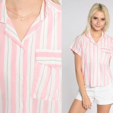 Striped Blouse 80s Button Up Shirt White Pink Short Sleeve Collared Top Retro Preppy Basic Simple Casual Summer Shirt Vintage 1980s Small S 