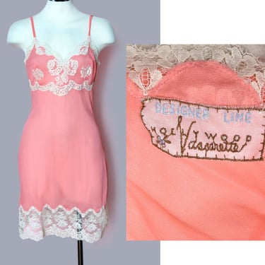1960s Hollywood Vassarette DESIGNER LINE Pink Peach Nylon Full Slip Dress 32D Vintage Lingerie 
