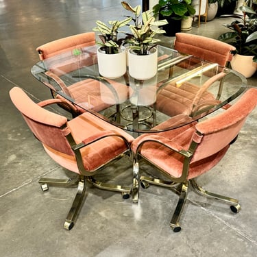 Hollywood Regency Brass Table w/ Pink Chairs (4)