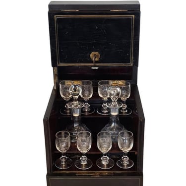 Antique French Napoleon III Period Ebonized Wood Cave a Liqueur with Crystal Decanters & Cordial Glass Service Set 19th Century 