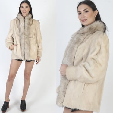 Platinum Blonde Mink Jacket, Real Arctic Fox Fur Coat, Winter Apres Ski, Cropped Bomber Overcoat 