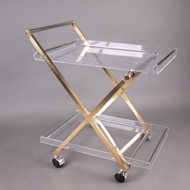 1970s Acrylic & Brass Bar Cart | Hollywood Regency Rolling Trolley | Vintage Lucite Drinks Cart with Gold Accents 