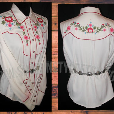 Vintage Retro Women's Cowgirl Western Shirt by Scully, Rodeo Queen Blouse, Embroidered Floral Designs, Tag Size Medium (see meas. photo) 