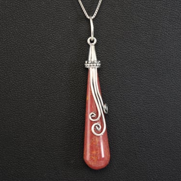 Romantic 70's sterling swirls apple jasper pendant, KTH red teardrop 925 silver boho necklace 