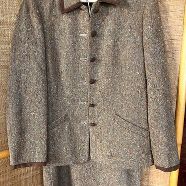 Vintage Maggy London Brown Tweed Skirt Suit Set 